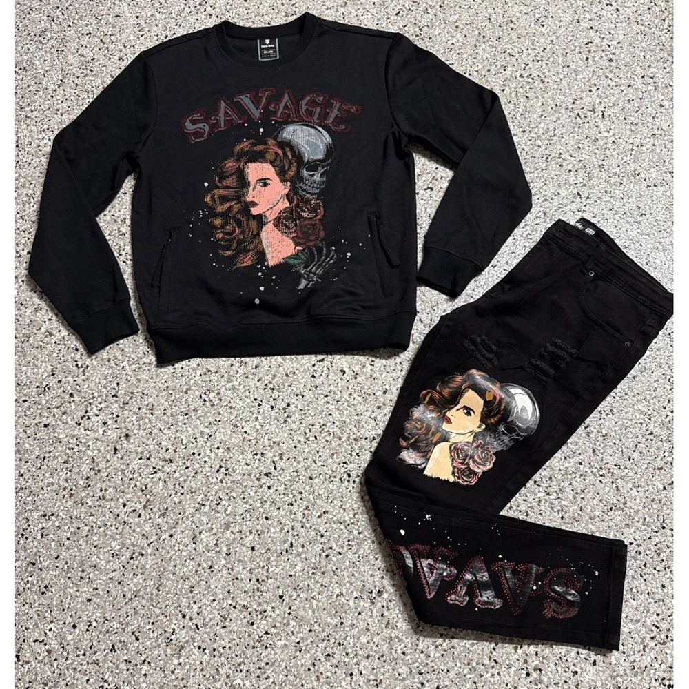 MOTIVE DENIM Black "SAVAGE" Graphic JEANS Size 36/32 & Sweatshirt- Large